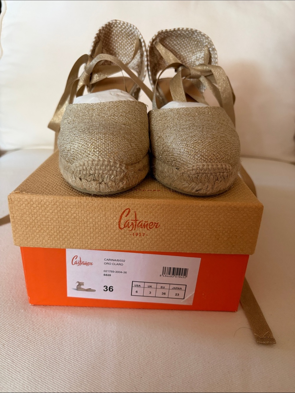 Castaner Women’s Carina Gold Espadrille Wedges with Wrap Ties Size 36